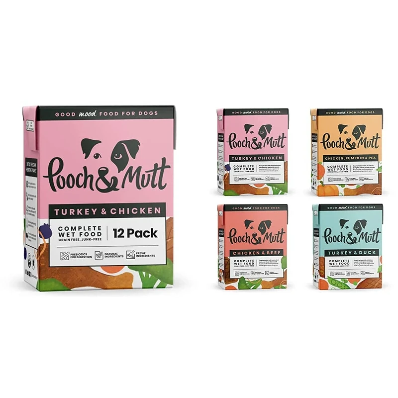 Pooch & Mutt - Wet Dog Food with Natural Ingredients - Turkey & Chicken, 12 x 375g & Wet Dog Food with Natural Ingredients - Grain Free - Suitable for all Breeds & Sizes - Mixed Flavours, 12 x 375g