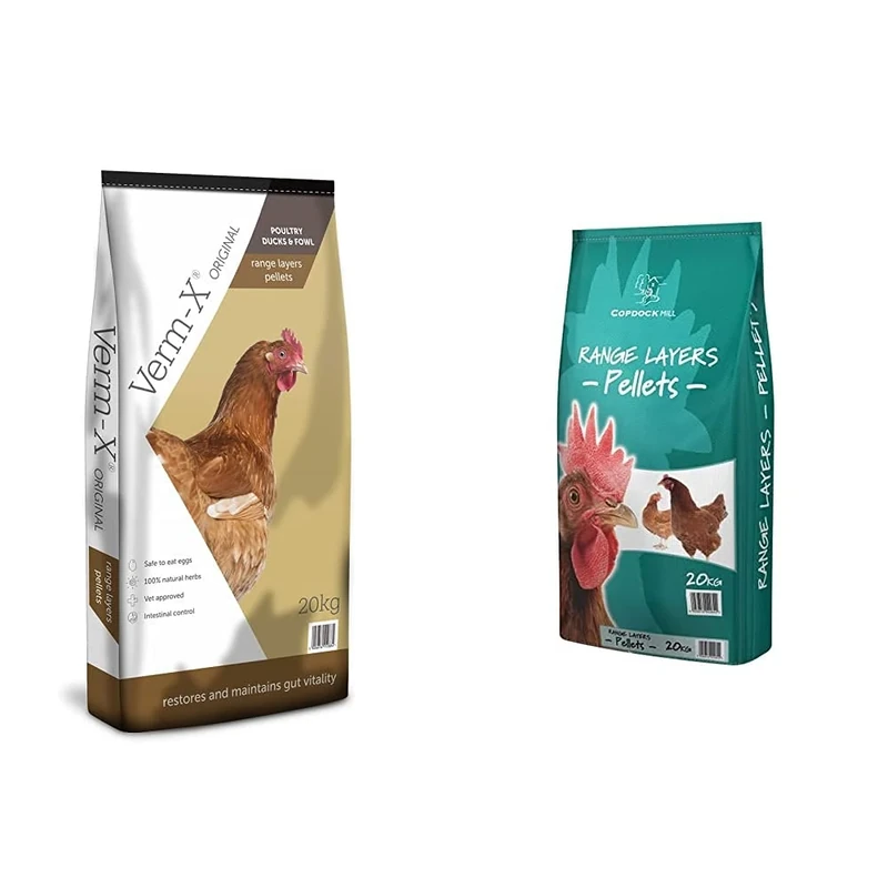 Copdock Mill Premium Quality Complete Feed for Poultry, 20kg, Range Layers Pellets with Verm-X & Range Layers Pellets Complete Feed for all types of poultry, ducks, geese & bantams, 20kg bag from