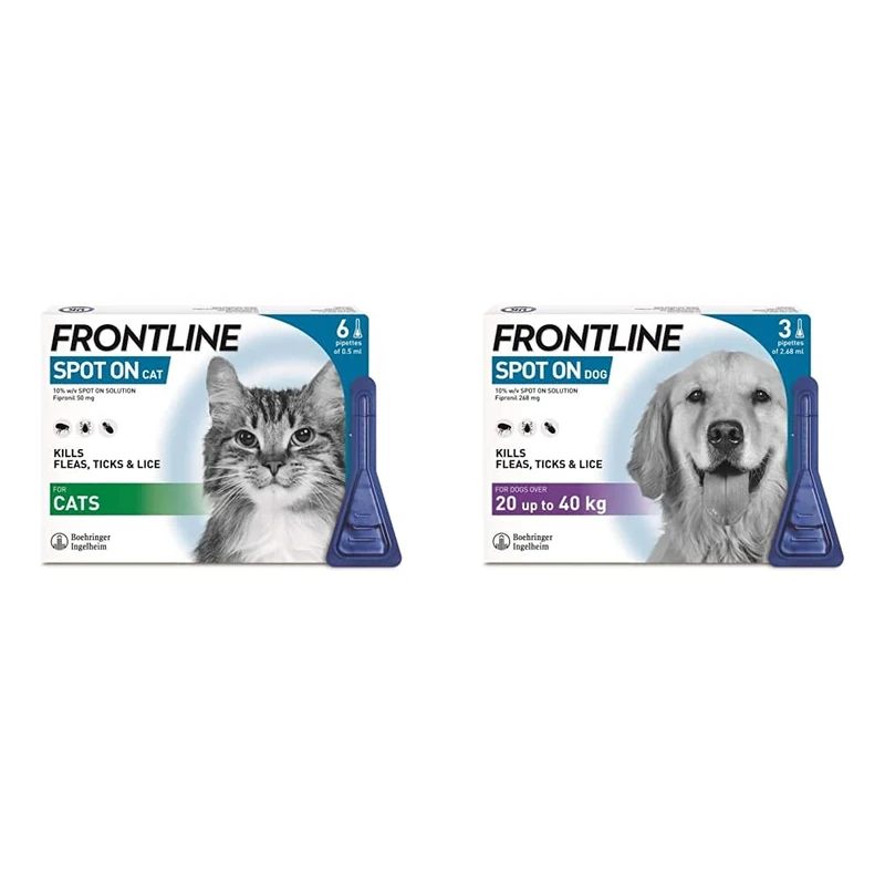 FRONTLINE Spot On Flea & Tick Treatment for Cats - 6 Pipettes & Spot On Flea & Tick Treatment for Large Dogs (20-40 kg) - 3 Pipettes