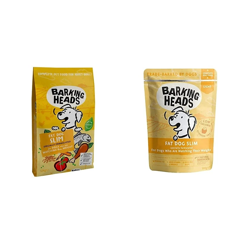 Barking Heads Low-Calorie Dry Dog Food - Fat Dog Slim - Free-Run Chicken, Low Fat Recipe, 12 kg & Low-Calorie Wet Dog Food - Fat Dog Slim - 85% Natural, Grain-Free Recipe with Reduced Fat (10 x 300 g)