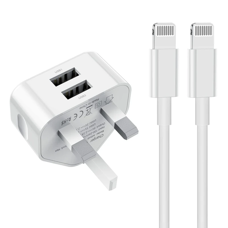 iPhone Fast Charger Plug and Cable, 2.4A iPad Charging UK with 2Pack 1m Lightning Cable Fast Charging Lead for Apple iPhone 14/13/12/11/XR/X/Xs Max/8/7/6/6s Plus/SE/iPad