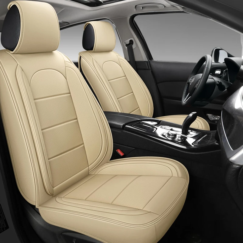 AOOG Leather Car Seat Covers with Car Backseat Organizer, Universal Automotive Vehicle Seat Cover for Most Sedan SUV Pick-up Truck, Full Set, Beige