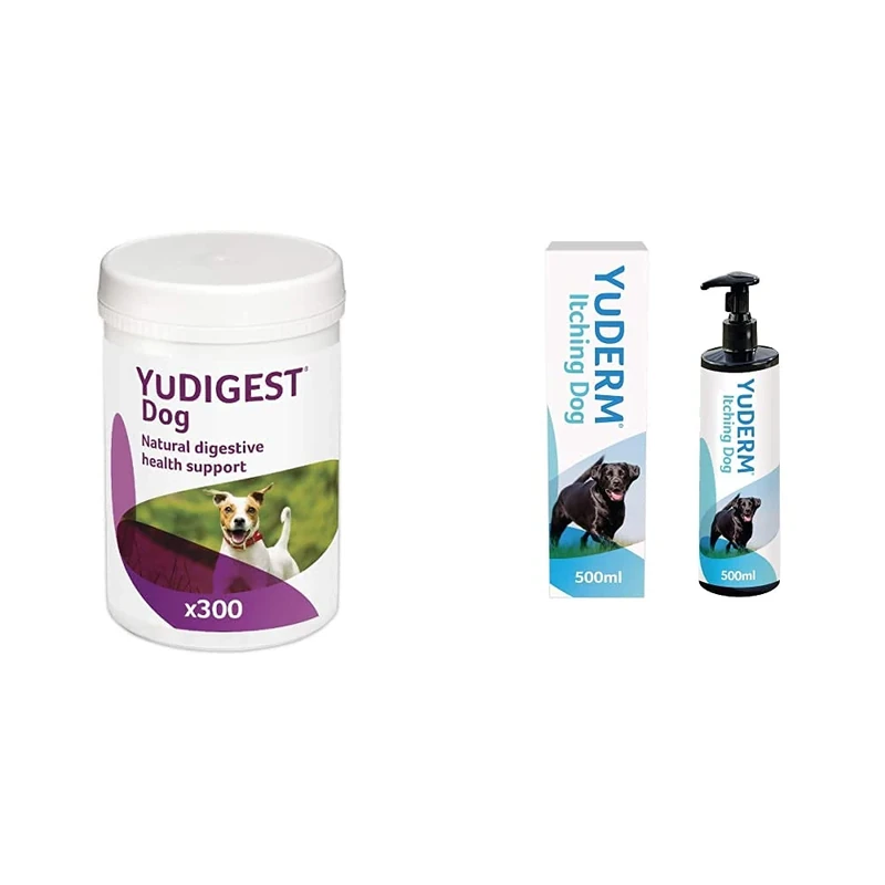 Lintbells | YuDIGEST Dog | Probiotics for Dogs with Sensitive Digestion| 300 Tablets & YuDERM Itching Dog Formerly YuMEGA | Itchy or Sensitive Skin, All Ages and Breeds | 500 ml Bottle
