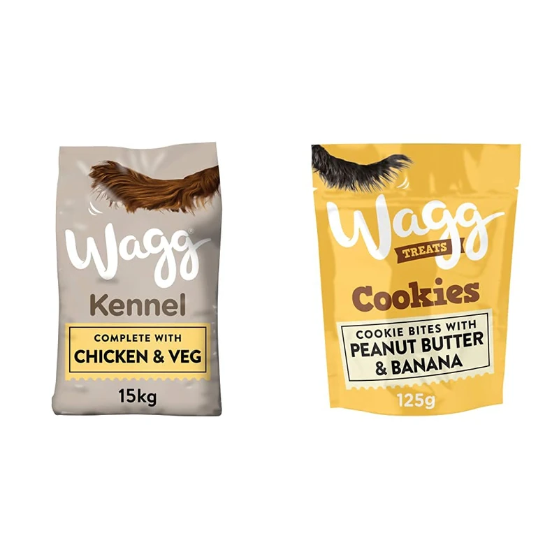Wagg Kennel Chicken and Veg Complete Dry Dog Food, 15 kg & Peanut Butter and Banana Cookie Dog Treats, 125 g, (Pack of 7)
