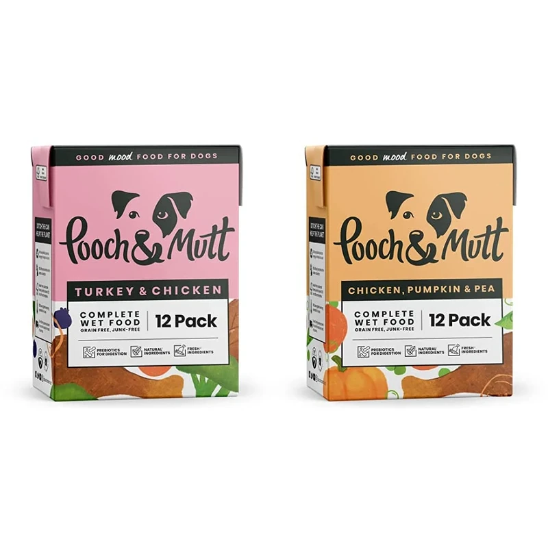 Pooch & Mutt - Wet Dog Food with Natural Ingredients - Turkey & Chicken, 12 x 375g & Wet Dog Food with Natural Ingredients - Grain Free - Suitable for all Breeds & Sizes - Pumpkin & Pea, 12 x 375g