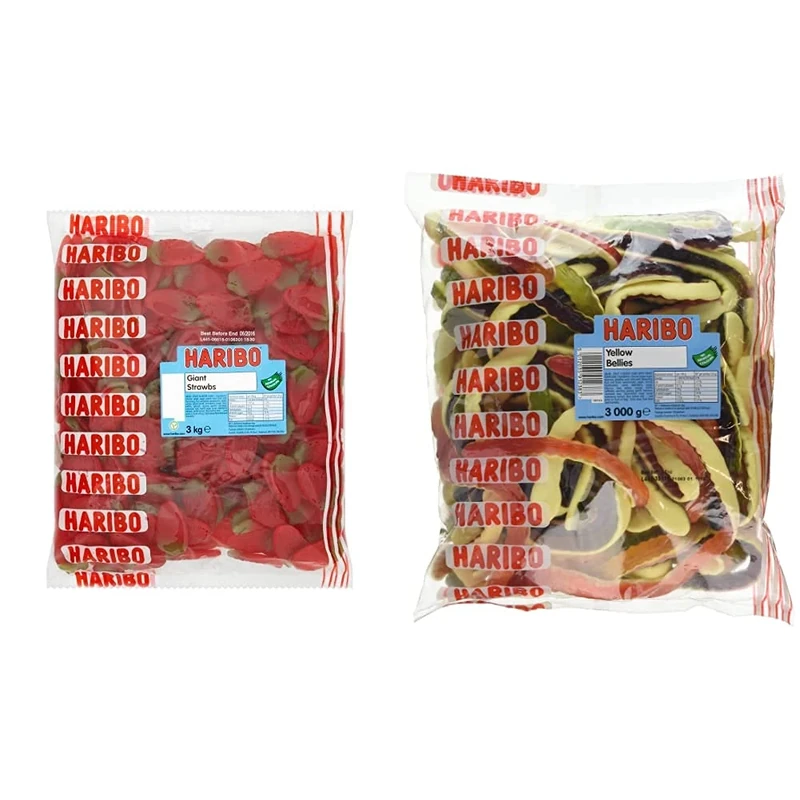 HARIBO Giant Strawbs 3kg bulk bag vegetarian sweets & Yellow Belly Giant Snakes, Yellow Bellies Bulk Sweets, 3kg