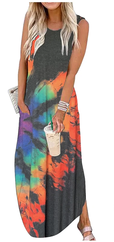 CHUNTIANRAN Women's Summer Maxi Dress Casual Loose Sundress Long Dress Sleeveless Vacation Beach Dresses with Pockets, Rainbow, S
