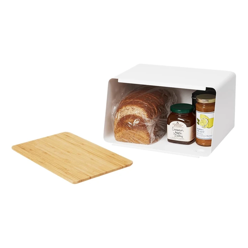 YAMAZAKI 5290 TOWER Bread Case With Removable Lid, White, Steel/BAMBOO, Minimalist Design, 31.5 x 24.5 x 18.5 cm (LxWxH)