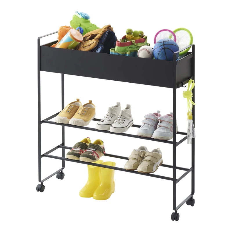 YAMAZAKI 5279 TOWER Storage Cart With Basket, black, Steel/Magnet Nylon, Minimalist, 74.5(without casters：70) x 22 x 74.5 cm