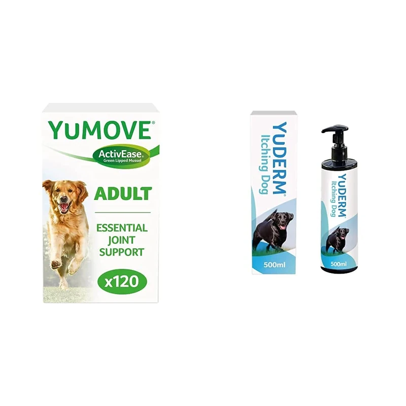 Lintbells | YuMOVE Adult Dog | Hip and Joint Supplement | 120 Tablets & YuDERM Itching Dog Formerly YuMEGA | Itchy or Sensitive Skin Supplement for Dogs Prone to Scratching | 500 ml Bottle