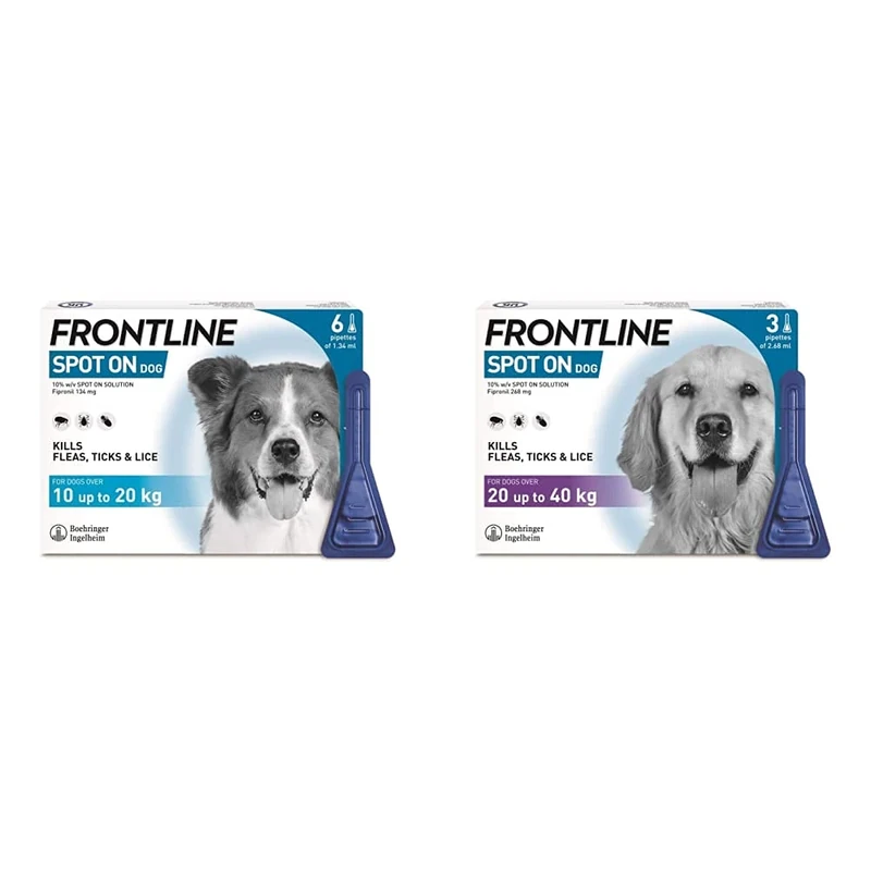 FRONTLINE Spot On Flea & Tick Treatment for Medium Dogs, Pack of 6 & Spot On Flea & Tick Treatment for Large Dogs (20-40 kg) - 3 Pipettes
