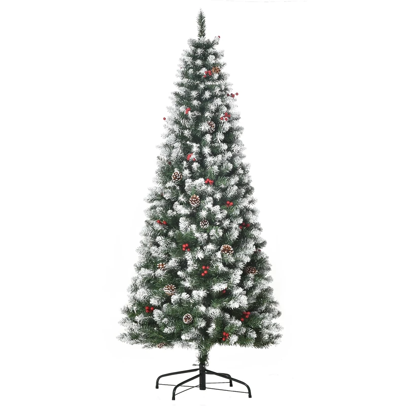 HOMCOM 6FT Artificial Christmas Tree Xmas Pencil Tree Red Berries Green