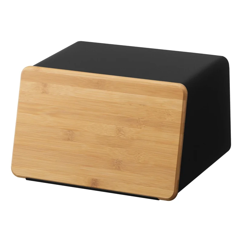 YAMAZAKI 5291 TOWER Bread Case With Removable Lid, black, Steel/Bamboo, Minimalist, 31.5 x 24.5 x 18.5 cm