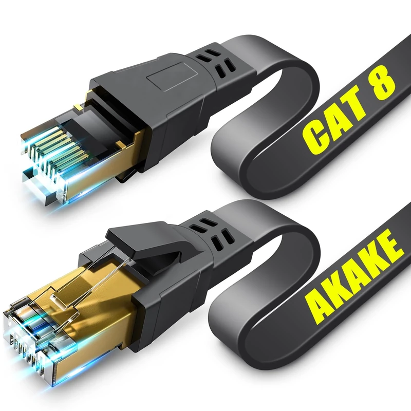 Akake Cat 8 Ethernet Cable, 1M Heavy Duty High Speed Flat Internet Network Cable, Professional LAN Cable, 26AWG, 2000Mhz 40Gbps with Gold Plated RJ45 Connector, Shielded in Wall, Indoor&Outdoor
