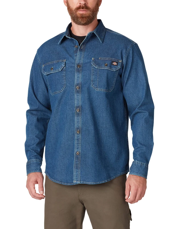 Dickies Men's Flex Long Sleeve Shirt Button, Medium Denim Wash