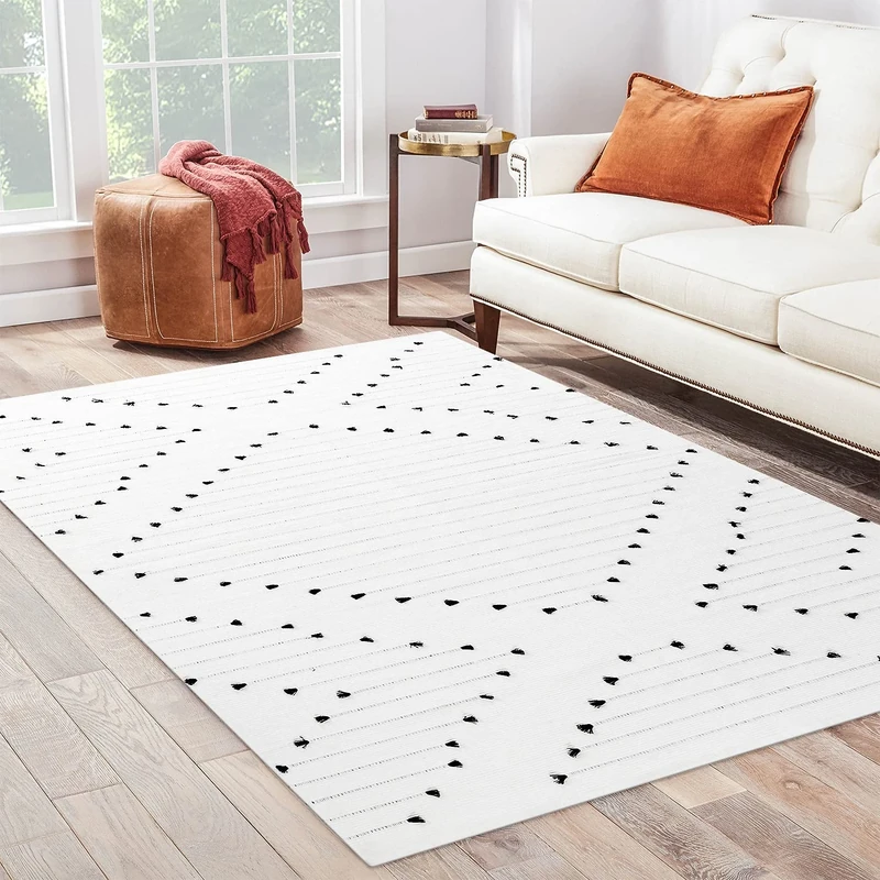HAOCOO Living Room Rug 5' x 7' White Rug,Geometric Boho Rug Moroccan Machine Washable Black and White Rug,Vintage Tribal Throw Floor Carpet Indoor Outdoor Rug for Bedroom Laundry Room Classroom