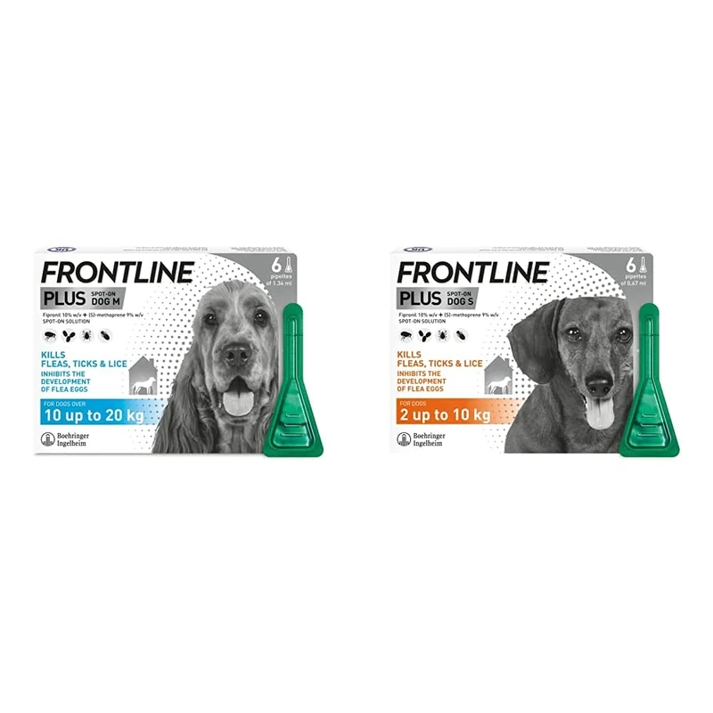FRONTLINE Plus Flea & Tick Treatment for Medium Dogs (10-20 kg) - 6 Pipettes & Plus Flea & Tick Treatment for Small Dogs (2-10 kg) - 6 Pipettes
