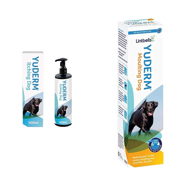 Lintbells | YuDERM Itching Dog Formerly YuMEGA | Itchy or Sensitive Skin Supplement | 500 ml Bottle & YuDERM Moulting Dog Formerly YuMEGA | Coat and Skin Supplement | 500 ml Bottle