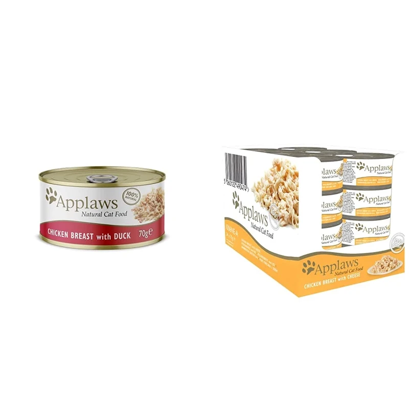 Applaws 100% Natural Wet Cat Food, Chicken with Duck Can, 70g (Pack of 24) & 100% Natural Wet Cat Food, Chicken with Cheese in Broth, 70 g Tin Cans (Pack of 24)