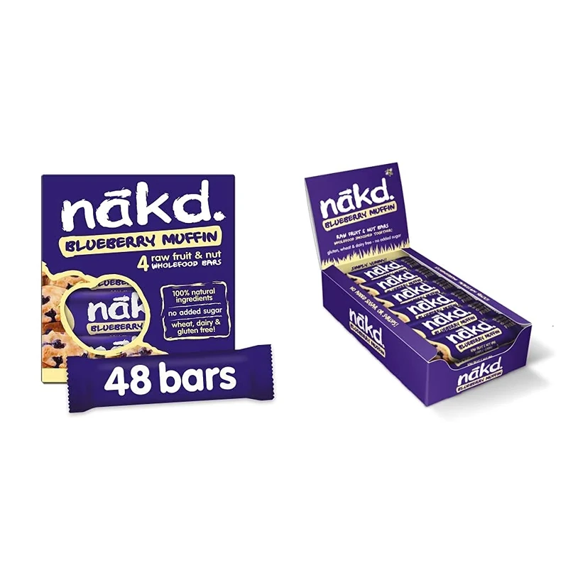 Nakd Blueberry Muffin 35g Bar - Multipack case of 48 Bars & Blueberry Muffin Natural Fruit & Nut Bars - Vegan - Gluten Free - Healthy Snack, 35 g (Pack of 18)