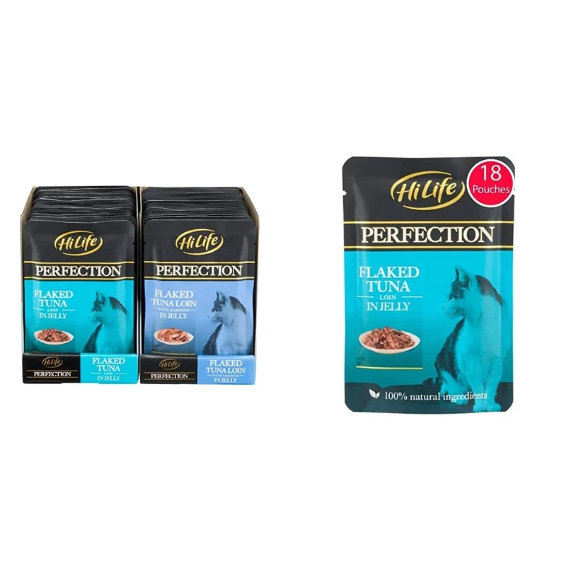 HiLife Perfection - Wet Food for Adult Cats - Flaked Tuna Loin - 36 Pouches x 70g & Perfection - Wet Cat Food - Flaked Tuna Loin in Jelly - Natural Ingredients Grain Free, 18 Pouches x 70g