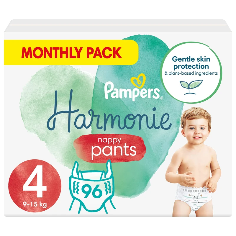 Pampers Baby Nappy Pants Size 4 (9-15 kg/20-33 Lb), Harmonie, 96 Nappies, Monthly Savings Pack, Gentle Skin Protection and Plant-Based Ingredients