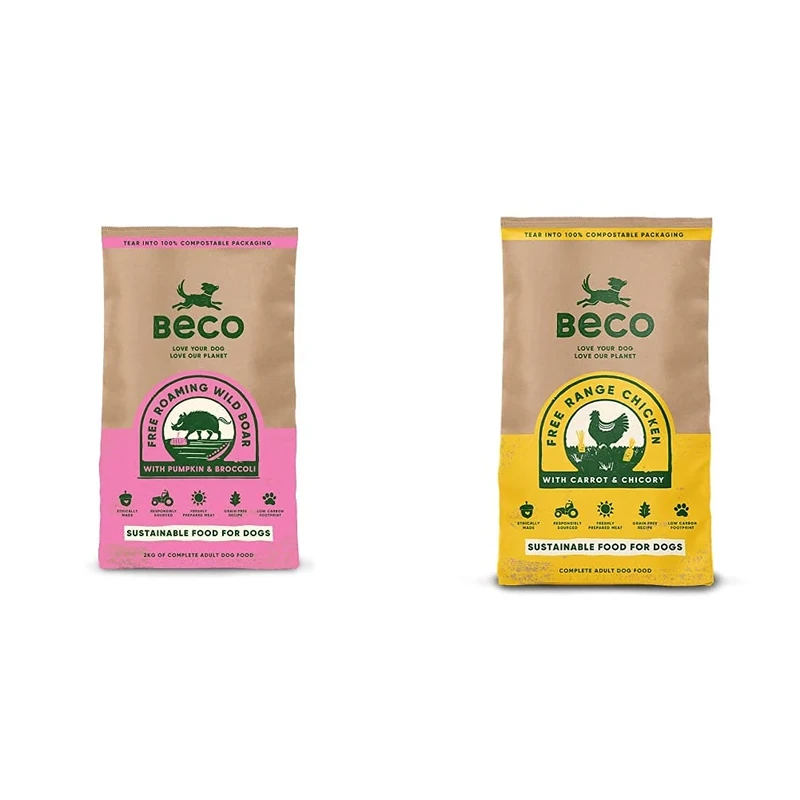 Beco Pets Food - Wild Boar with Broccoli and Pumpkin - 2kg & Pets Dog Food - Free Range Chicken with Carrot and Chicory - 2kg - Natural Grain Free Ethical Dog Food with No Artificial Preservatives