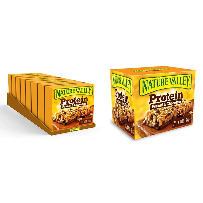 Nature Valley Protein Peanut & Chocolate Gluten Free Cereal Bars 4 x 40g (Pack of 8, total 32 Bars) & Protein Peanut & Chocolate Gluten Free Cereal Bars 26 x 40g