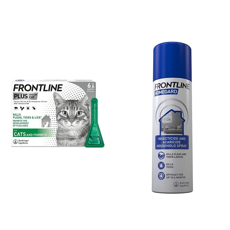 FRONTLINE Plus Flea & Tick Treatment for Cats and Ferrets - 6 Pipettes & HomeGard Flea & Tick Household Spray