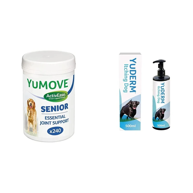 Lintbells | YuMOVE Senior Dog | High Strength Hip and Joint Supplement Designed for Older|240 Tablets & YuDERM Itching Dog Formerly YuMEGA | Itchy or Sensitive Skin Supplement| 500 ml Bottle