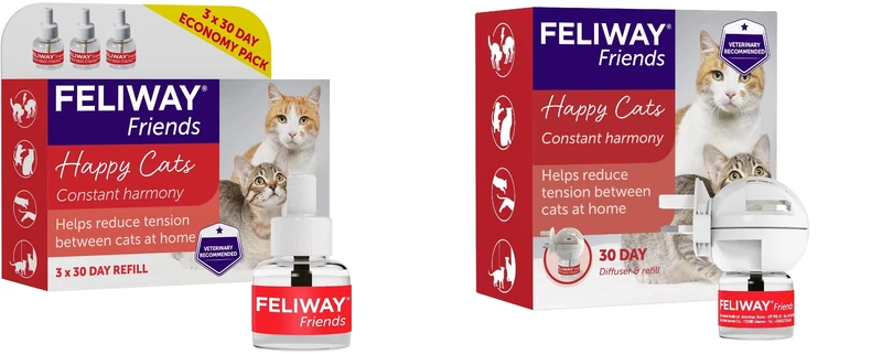 Feliway Friends 30 Day Refill (Value 3 pack), helps to reduce conflict in multi-cat households, helping cats get along better - 48ml x3 & Friends 30 Day Starter Kit Diffuser and Refill, 48 ml