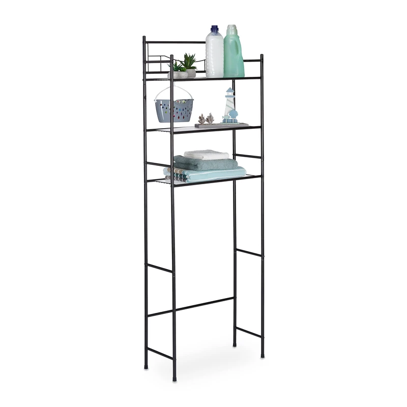 Relaxdays over-the-toilet shelf unit, 3 shelves, for toilet, washing machine, dryer, dimensions HWD 165x58x25 cm, black