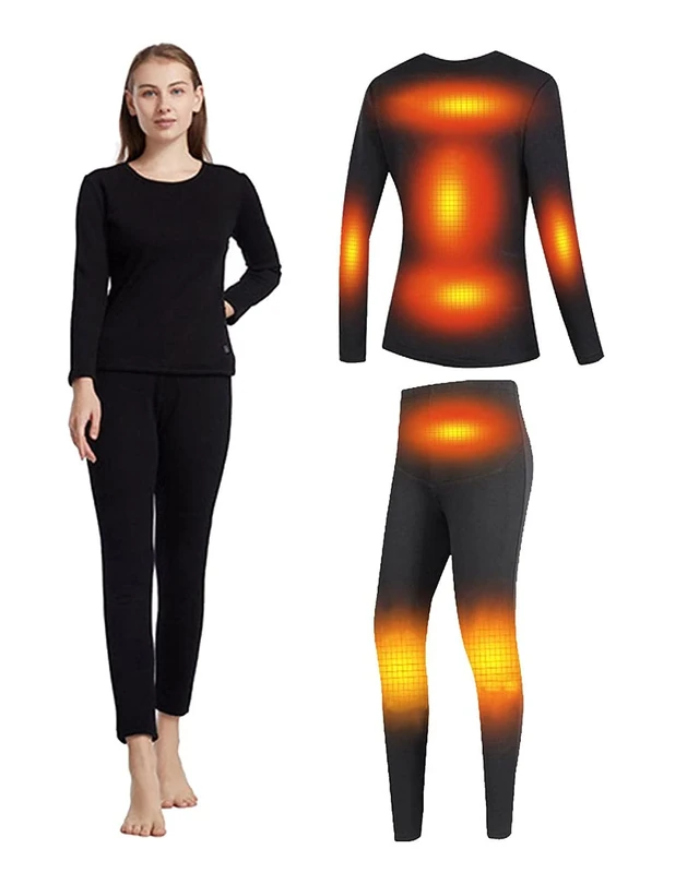 Windpost Women's Heated Thermal Underwear set, USB Women's Electric Thermal Long Underwear set, Snow Leggings for Women, Black, XXL