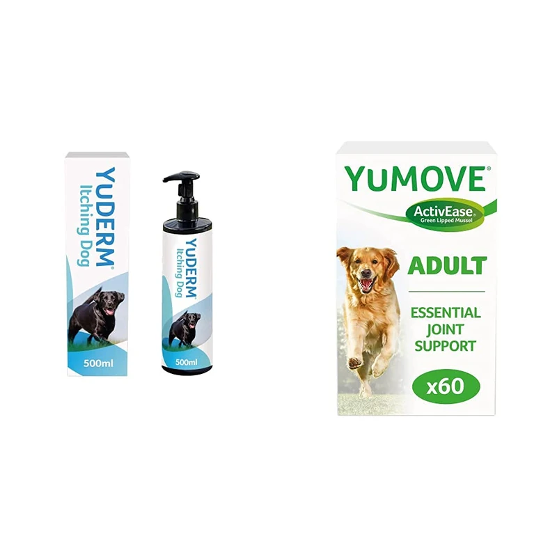 Lintbells | YuDERM Itching Dog Formerly YuMEGA | Itchy or Sensitive Skin Supplement | 500 ml Bottle & YuMOVE Adult Dog | Hip and Joint Supplement for Stiff Adult Dogs | Aged 6 to 8 | 60 Tablets