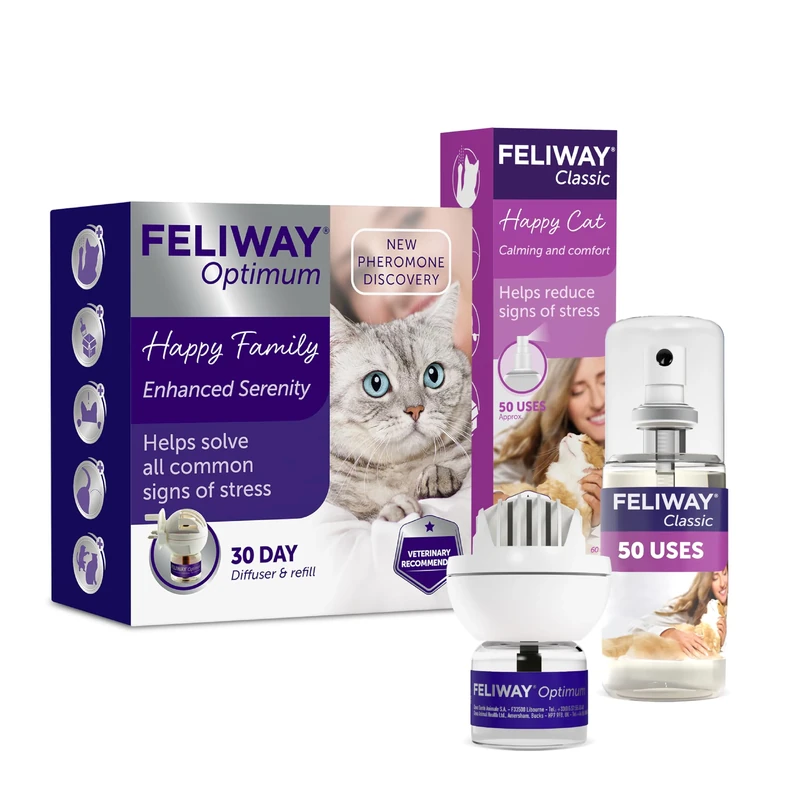 FELIWAY Optimum 30 Day Cat Calming Plug In - Helps Solve all Common Signs of Stress in Cats & Kittens, Veterinary Recommended + FELIWAY Classic 60ml Spray - Anxiety Relief For Cats With 50 Uses