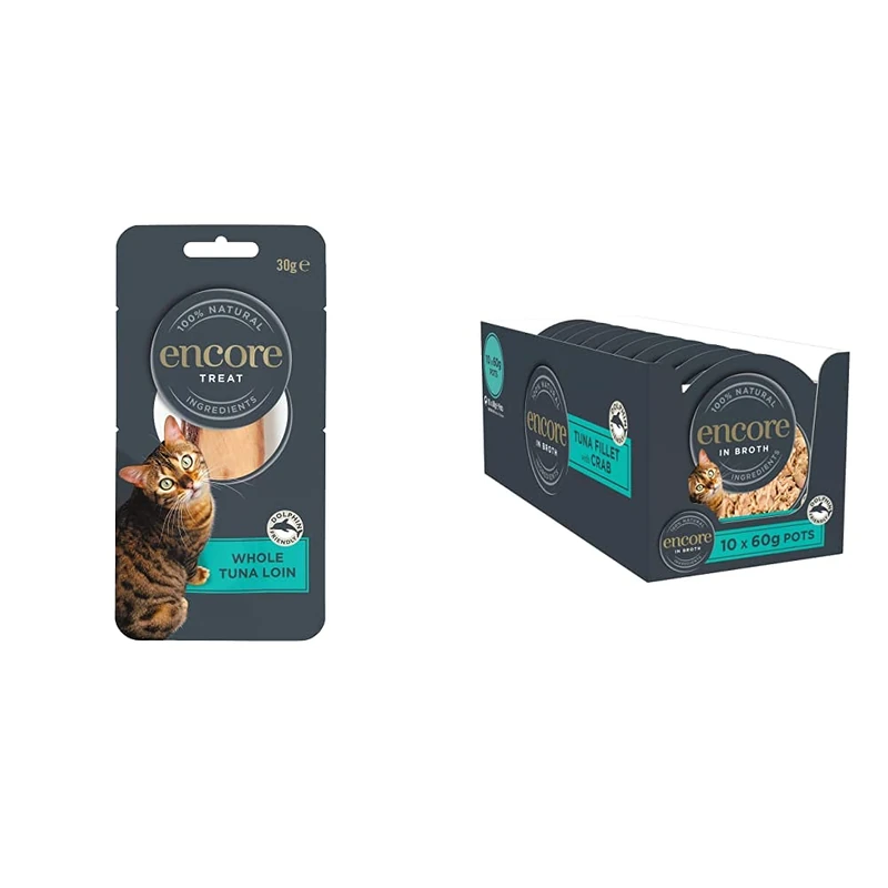 Encore 100% Natural Cat Treats, Whole Tuna Loin Cat Snack, 30g (Pack of 12) & 100% Natural Wet Cat Food Pot, Succulent Tuna with Pacific Crab in Broth 60 g Pot (Pack of 10)