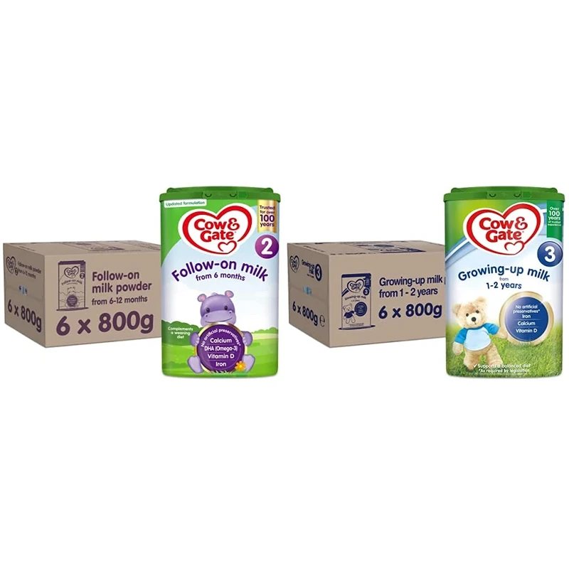 Cow & Gate 2 Follow On Baby Milk Powder Formula, 6-12 Months, 800g (Pack of 6) & 3 Toddler Baby Milk Powder Formula, 1-2 Years, 800g (Pack of 6)