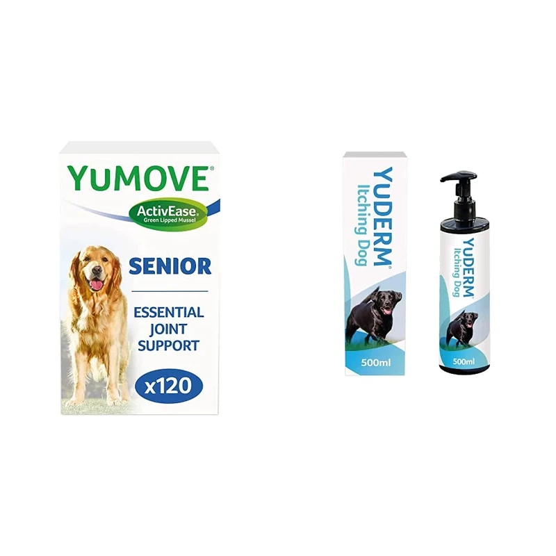 Lintbells | YuMOVE Senior Dog | High Strength Hip and Joint Supplement, Stiff Dogs | 120 Tablets & YuDERM Itching Dog Formerly YuMEGA | Itchy or Sensitive Skin Supplement | 500 ml Bottle