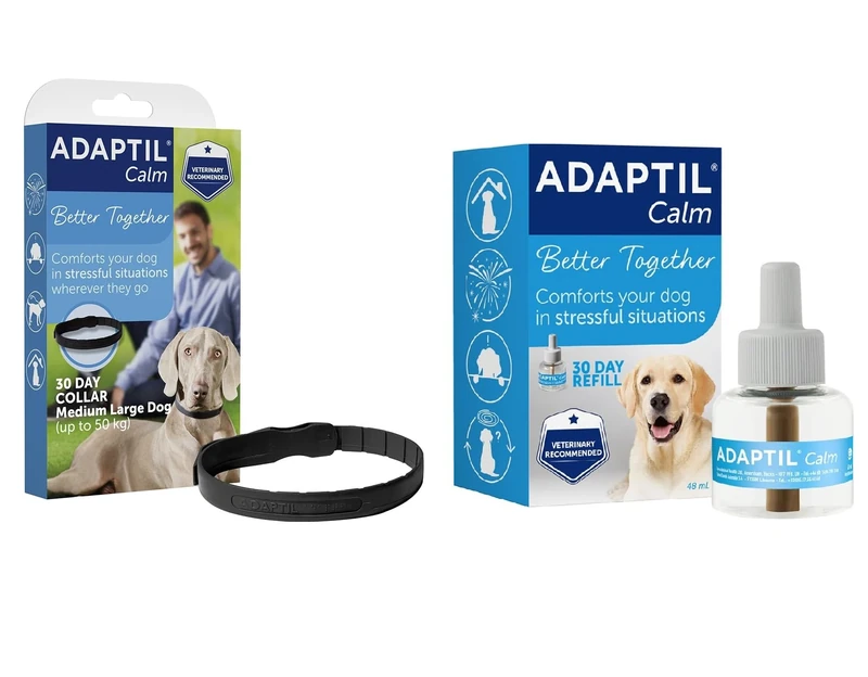 ADAPTIL Calm On-the-Go Collar, helps dogs cope with stress and anxiety related behavioural issues, Medium/Large Dogs & Calm 30 day Refill, helps dog cope with behavioural issues and challenges, 48ml