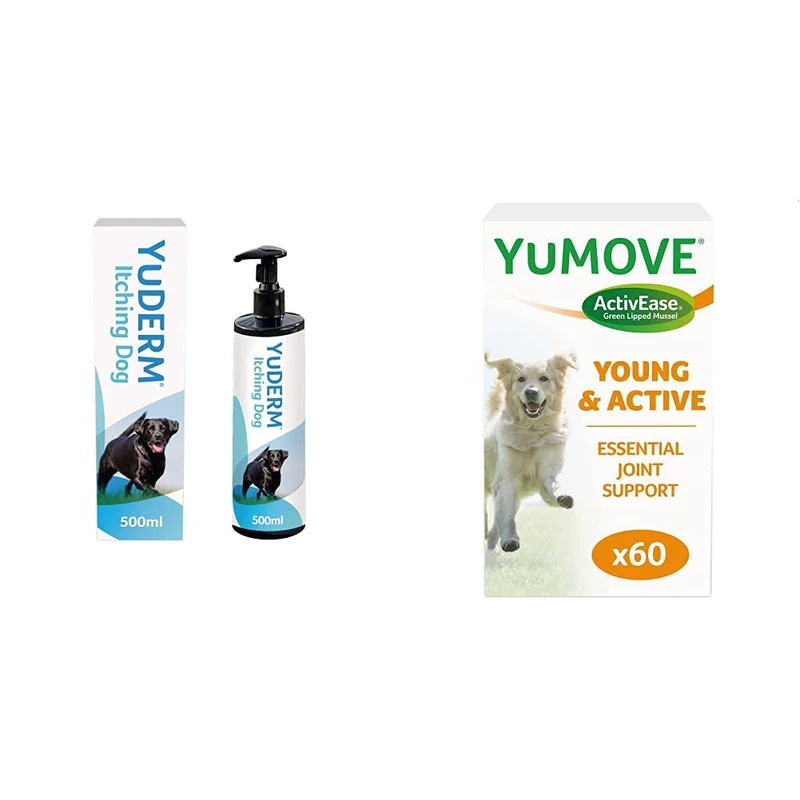 Lintbells | YuDERM Itching Dog Formerly YuMEGA | Itchy or Sensitive Skin Supplement | 500 ml Bottle & YuMOVE Young and Active Dog | Hip and Joint Supplement for Dogs Aged Under 6 | 60 Tablets