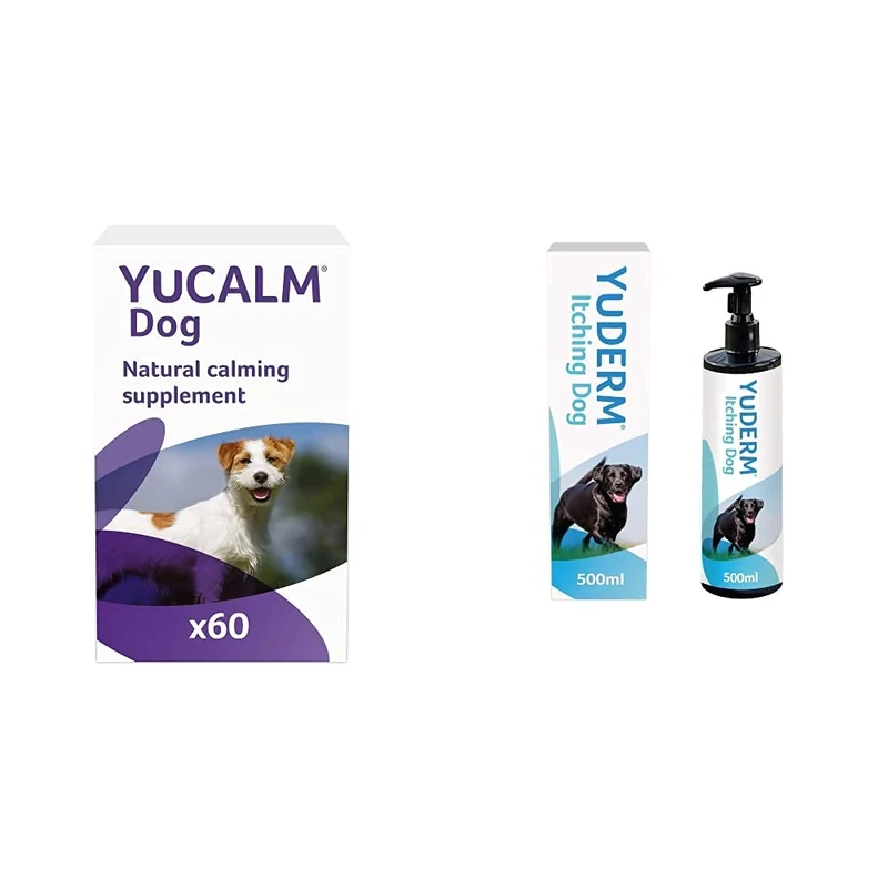 Lintbells | YuCALM Dog | Calming Supplement for Dogs who are Stressed |60 Tablets & YuDERM Itching Dog Formerly YuMEGA | Itchy or Sensitive Skin Supplement for Dogs Prone to Scratching | 500 ml Bottle