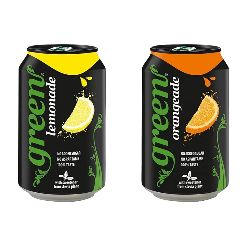 Green Lemonade Cans 24 Pack, No Added Sugar Soft Drink, Lemon Flavour - Bulk Pack of 24 Cans x 330 ml & Orangeade Cans 24 Pack, No Added Sugar Soft Drink, Orange Flavour - Bulk Pack of 24 Cans x 330ml