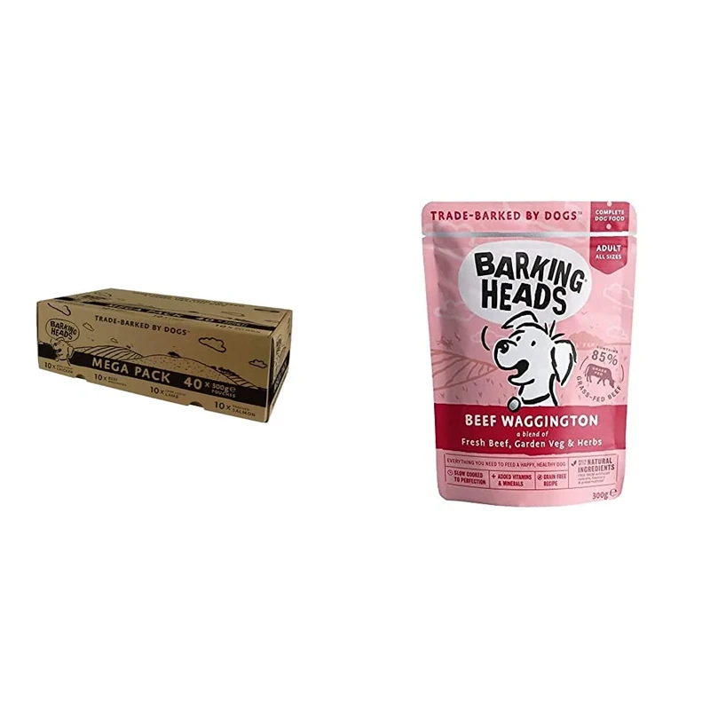 Barking Heads Wet Dog Food Pouches - Mega Variety Pack - Added Vitamins and Minerals 40 x 300g & Wet Dog Food - Beef waggington - 85% Natural, Grass-Fed Beef with No Artificial Flavours (10 x 300 g)