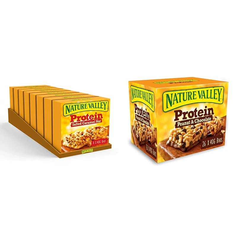 Nature Valley Protein Salted Caramel Nut Gluten Free Cereal Bars 4 x 40g (Pack of 8, total 32 Bars) & Protein Peanut & Chocolate Gluten Free Cereal Bars 26 x 40g - Image 1