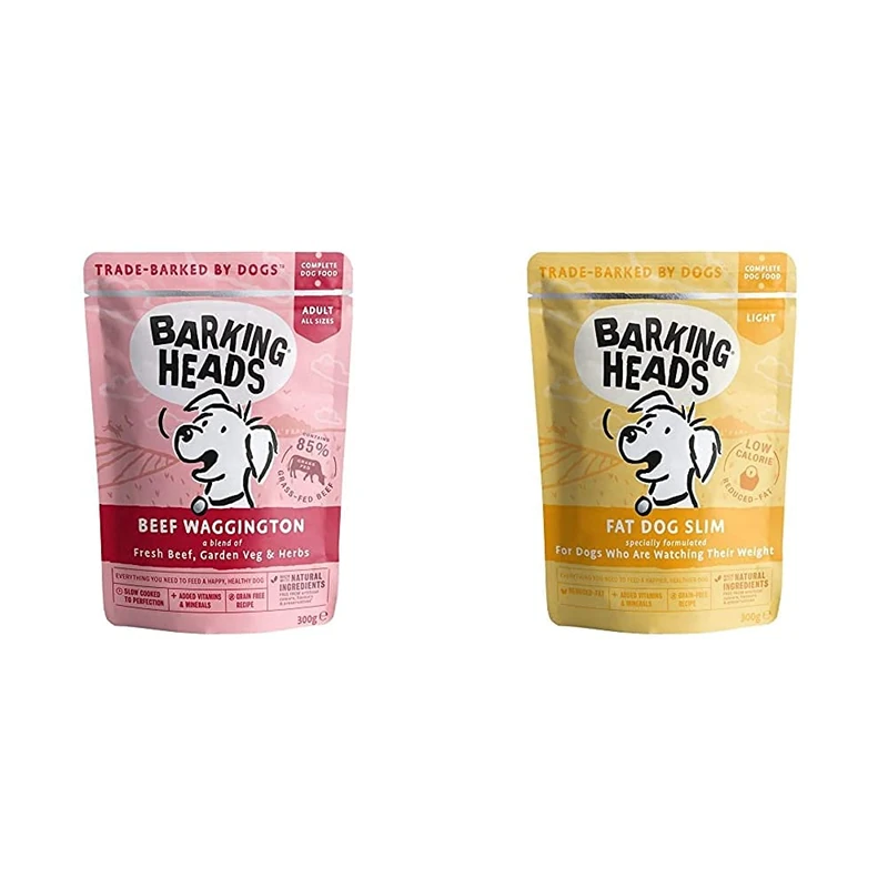 Barking Heads Wet Dog Food - Beef waggington - Grass-Fed Beef & Low-Calorie Wet Dog Food - Fat Dog Slim - Free-Run Chicken with No Artificial Flavours, Grain-Free Recipe with Reduced Fat (10 x 300 g)