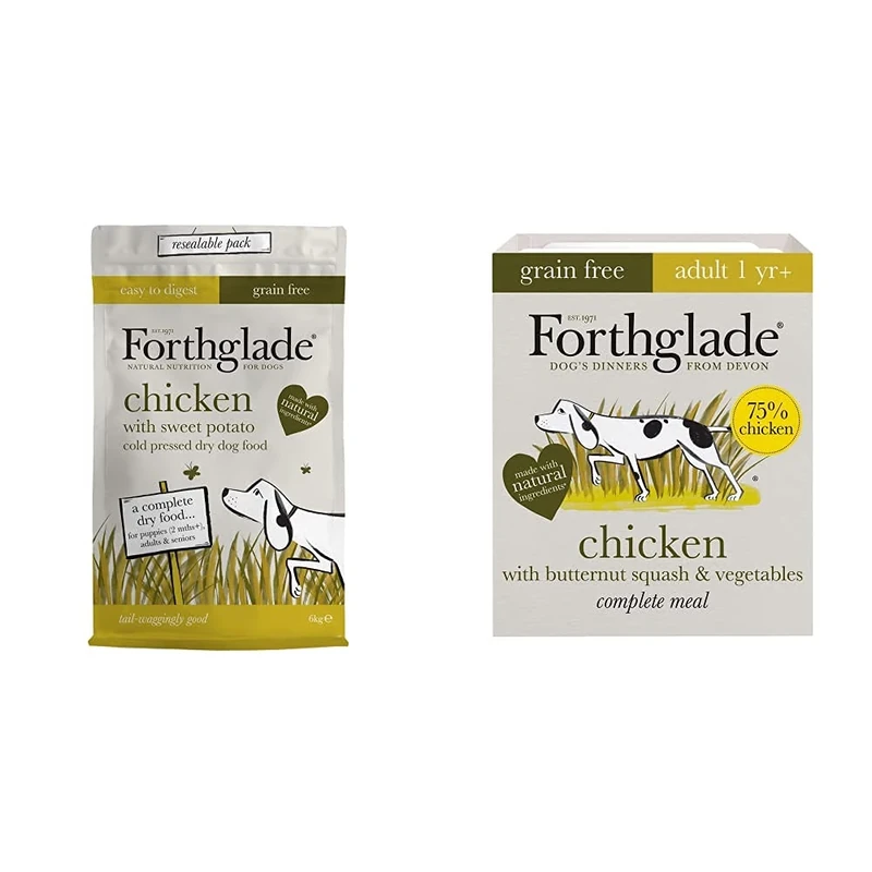 Forthglade Complete Natural Dry Dog Food - Grain Free Chicken (6kg) Resealable Bag - Adult & Senior Dogs & Complete Natural Wet Dog Food - Grain Free Chicken (18 x 395 g) Trays