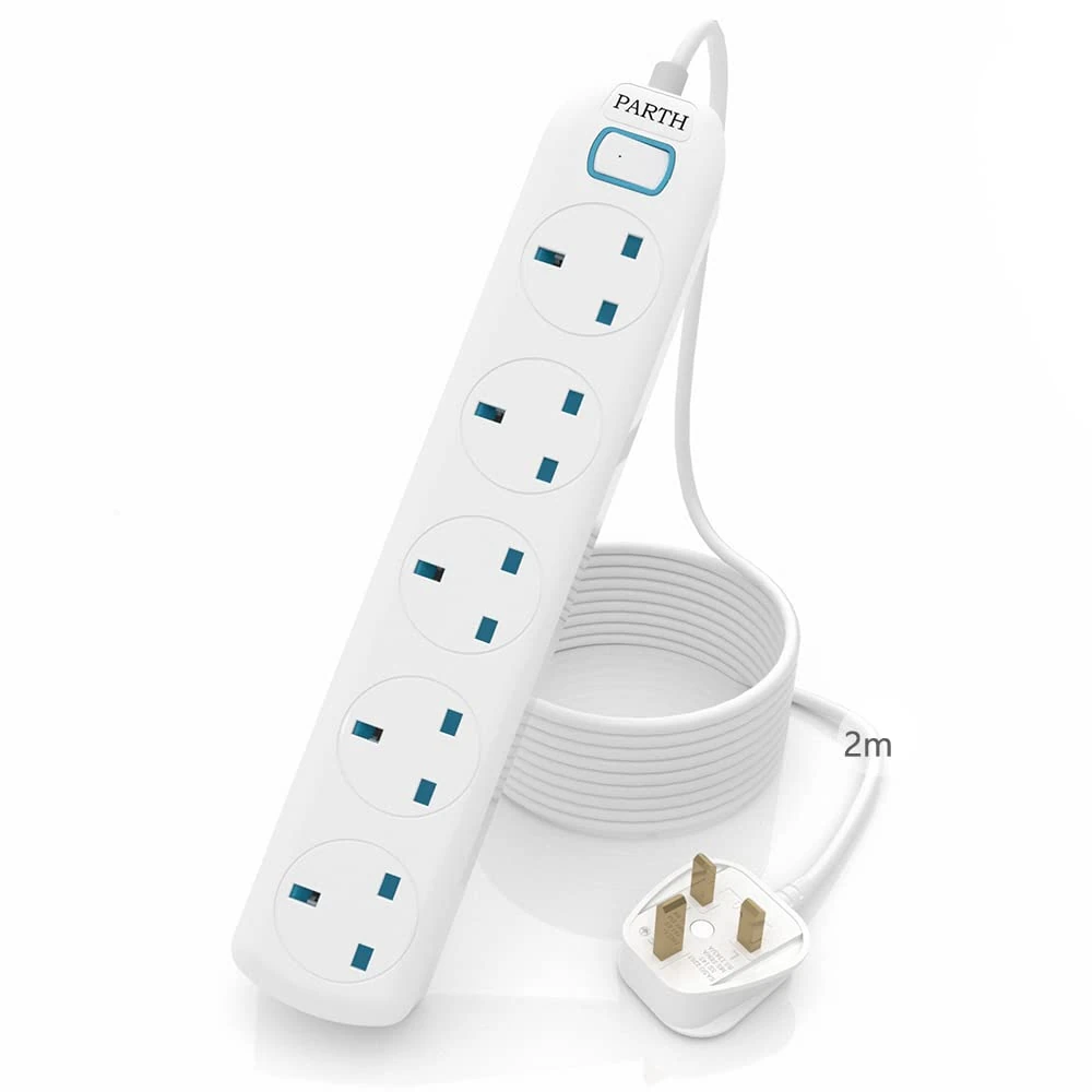 PARTH 5 Gang 2m Extension Lead with Switch, 2 Metre Long Extension Cable Cords, 5 Plug Extension Socket, Heavy Duty Plug Extender, Multi Plugs UK Electrical Extension Lead Power Strip 3250w /13A