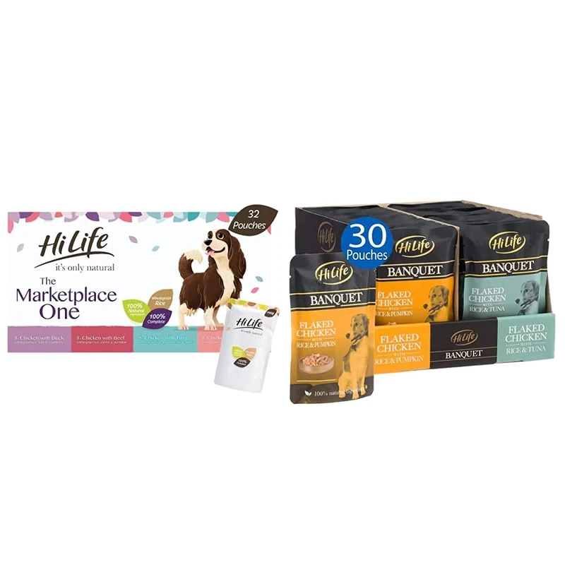 HiLife it's only natural - Complete Wet Dog Food - 32 Pouches x 150g & BANQUET - Wet Dog Food - Flaked Chicken Breast, Rice&Tuna/Chicken Breast, Rice&Pumpkin - Natural Ingredients, 30 Pouches x 100g