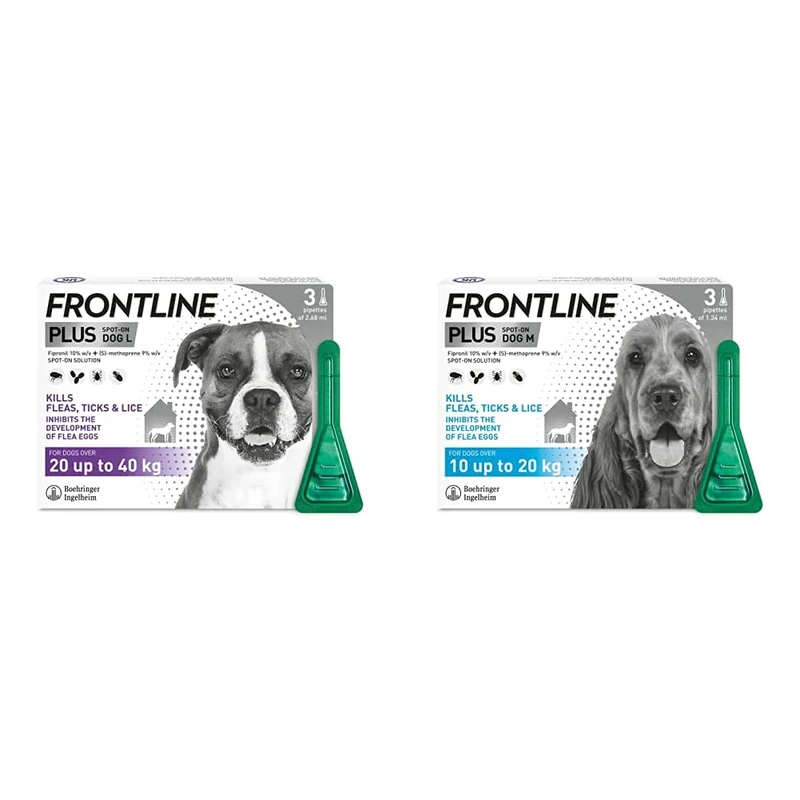 FRONTLINE Plus Flea & Tick Treatment for Large Dogs (20-40 kg) - 3 Pipettes & Plus Flea & Tick Treatment for Medium Dogs (10-20 kg) - 3 Pipettes