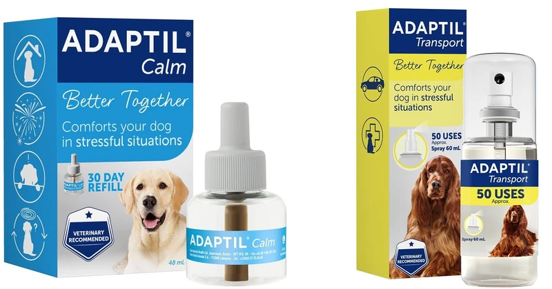 ADAPTIL Calm Transport Spray, helps dog cope with travelling and other stress related short term challenges, 60ml & Calm 30 day Refill, helps dog cope with behavioural issues and life challenges, 48ml